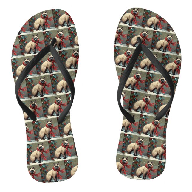 Siamese Cat in Snow Christmas Flip Flops (Footbed)