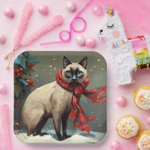 Siamese Cat in Snow Christmas Paper Plate