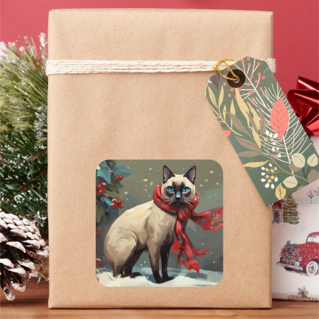 Siamese Cat in Snow Christmas Square Sticker (Holiday)