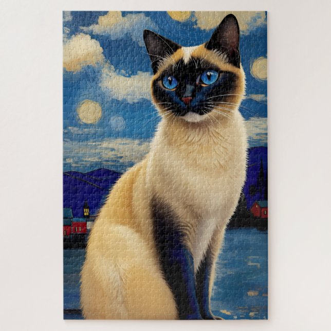 Siamese Cat in Starry Night Jigsaw Puzzle (Vertical)