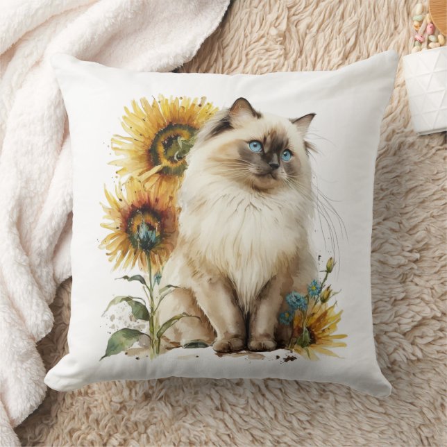 Siamese Cat In Sunflowers Throw Pillow (Blanket)