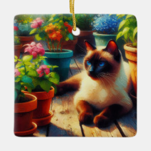 Siamese Cat in the Garden Oil Painting Ceramic Ornament