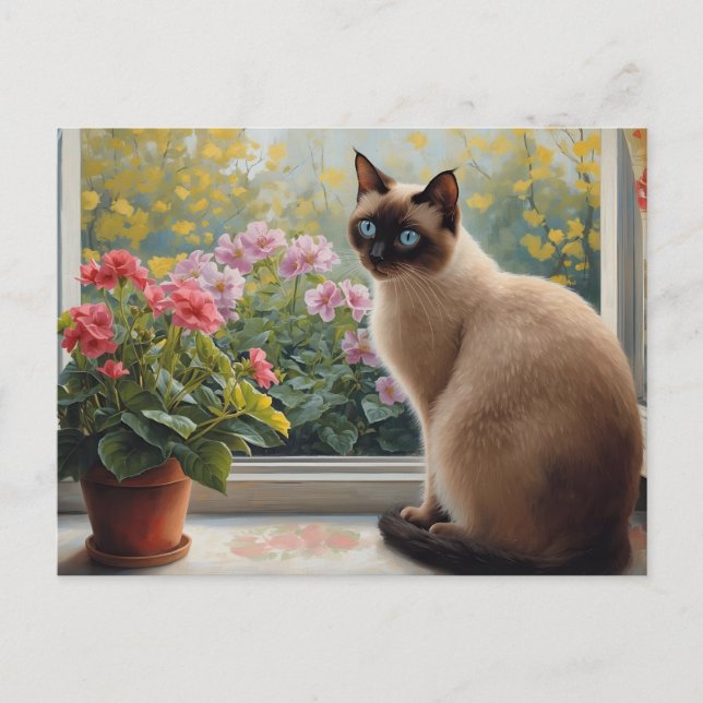Siamese Cat in the Window with Garden View Postcard (Front)