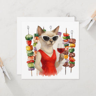 Siamese Cat is drinking wine Barbecue party  Invitation