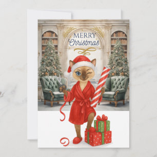 Siamese Cat is holding Christmas Presents Holiday Card