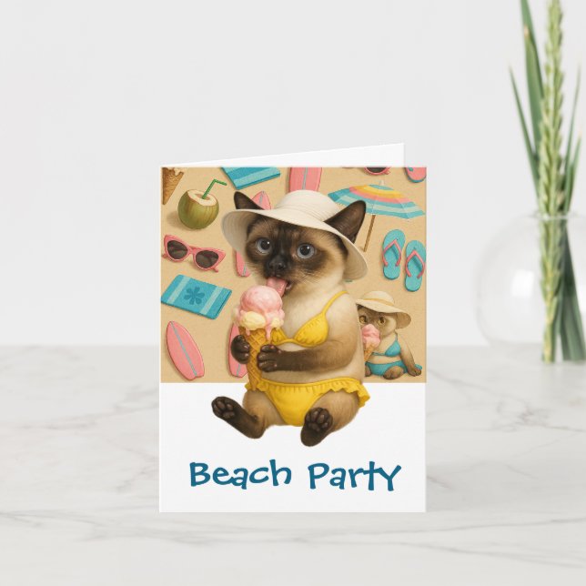 Siamese Cat is licking Ice cream  beach Party Invitation (Front)