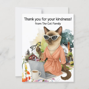 Siamese cat is sending message via laptop  postcard