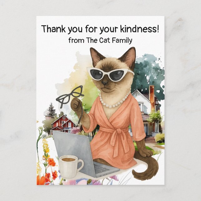 Siamese cat is sending message via laptop  postcard (Front)