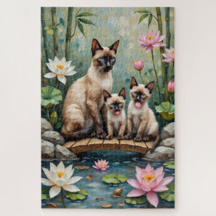 Siamese Cat Lotus Pond Art Jigsaw Puzzle