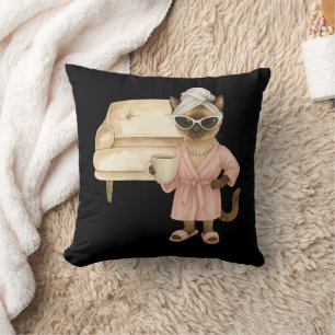 Siamese Cat Loves Coffee Pillow – Cute Watercolor 