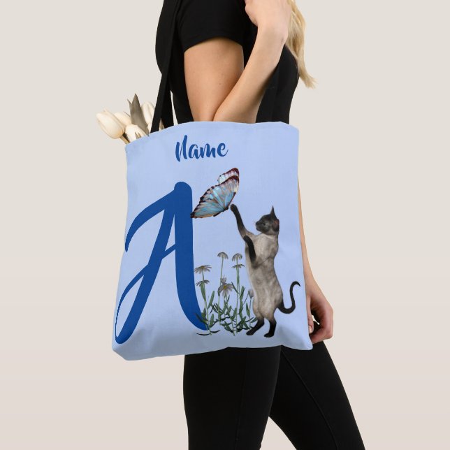 Siamese Cat Monogram Initial A Personalized Tote Bag (Close Up)