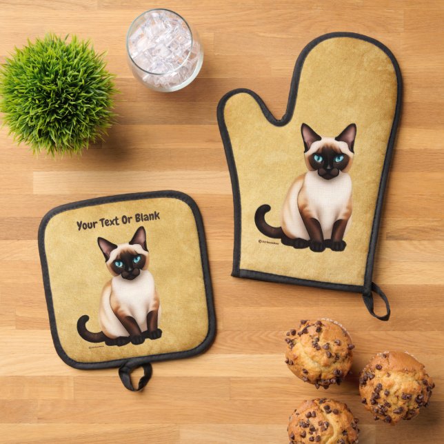 Siamese Cat On Old Paper Oven Mitt & Pot Holder Set (Top Down)