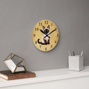 Siamese Cat On Old Paper Round Clock