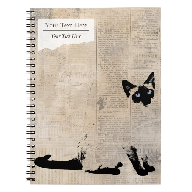 Siamese Cat on Retro Newspaper, Personalized Name Notebook (Front)
