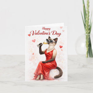 Siamese Cat on  Valentine’s Day – Glam Cat in Red  Holiday Card