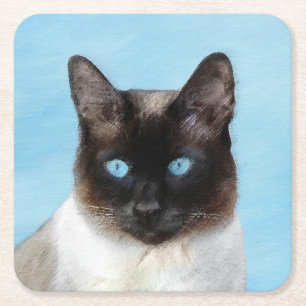 Siamese Cat Painting - Cute Original Cat Art Square Paper Coaster