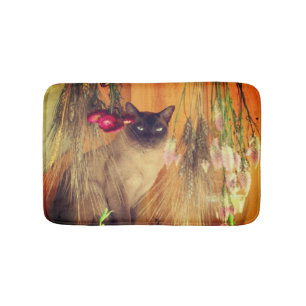 Siamese Cat Posing With Flowers Bath Mat