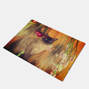 Siamese Cat Posing With Flowers  Doormat