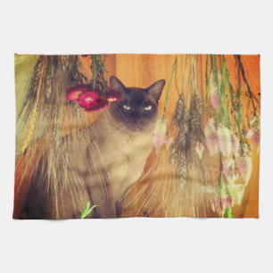 Siamese Cat Posing With Flowers Kitchen Towel