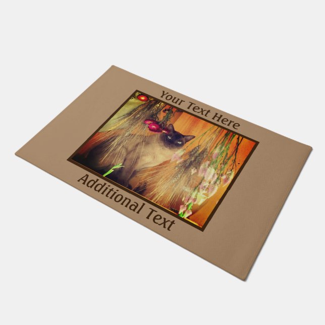 Siamese Cat Posing With Flowers Personalized Doormat (Angled)