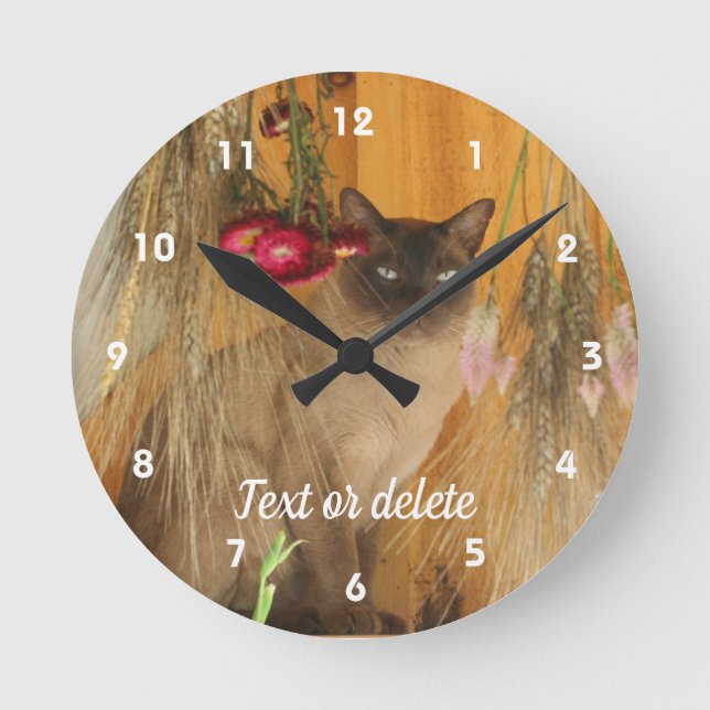 Siamese Cat Posing With Flowers Personalized Round Clock (Front)