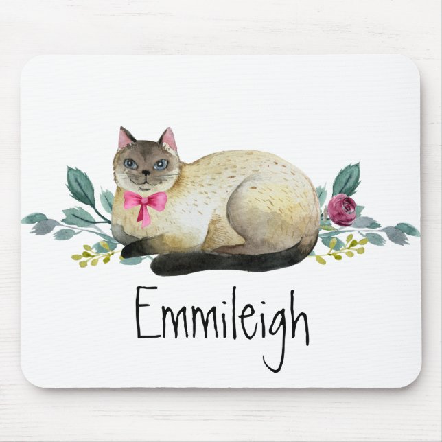 Siamese Cat Purple Floral Green Leaves White Mouse Pad (Front)