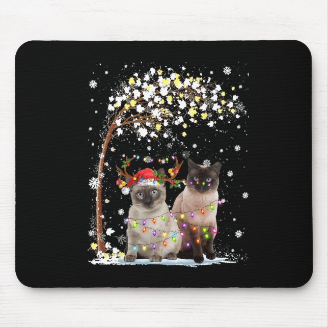 Siamese Cat Reindeer Hat Santa Christmas Tree Funn Mouse Pad (Front)
