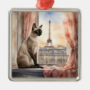 Siamese Cat Relaxing on Parisian Window Sill Metal Ornament