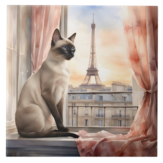 Siamese Cat Relaxing on Parisian Window Sill Tile (Front)