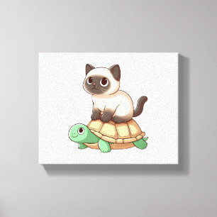 Siamese cat rides turtle canvas print
