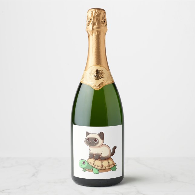 Siamese cat rides turtle Copy Sparkling Wine Label (Front)
