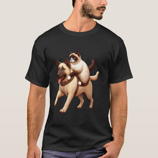 Siamese Cat Riding a Dog T-Shirt (Front)