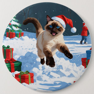Siamese Cat Running in Snow with Christmas Hat 6 Inch Round Button