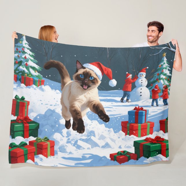 Siamese Cat Running in Snow with Christmas Hat Fleece Blanket (In Situ)