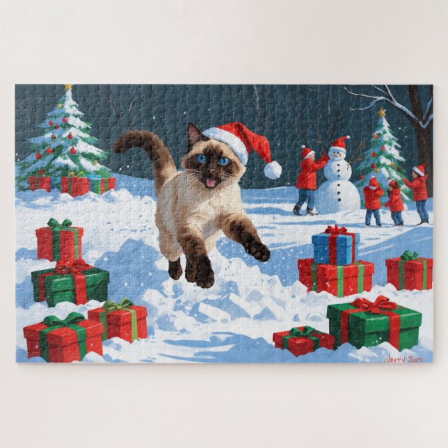 Siamese Cat Running in Snow with Christmas Hat Jigsaw Puzzle (Horizontal)