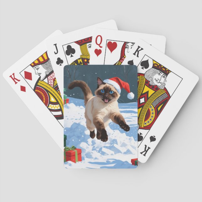 Siamese Cat Running in Snow with Christmas Hat Playing Cards (Back)