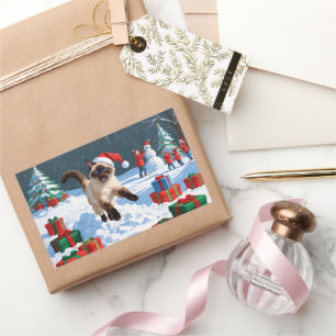 Siamese Cat Running in Snow with Christmas Hat Sticker