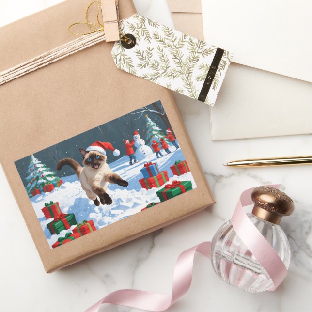 Siamese Cat Running in Snow with Christmas Hat Sticker (Gifting)