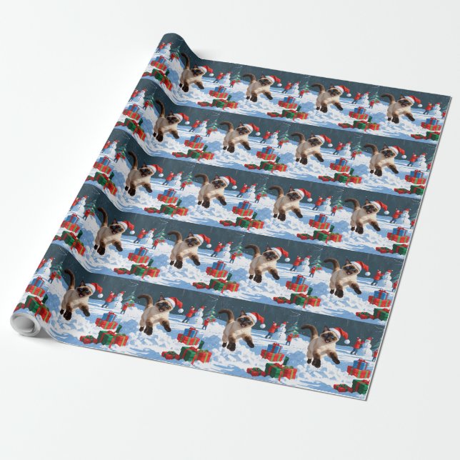 Siamese Cat Running in Snow with Christmas Hat Wrapping Paper (Unrolled)