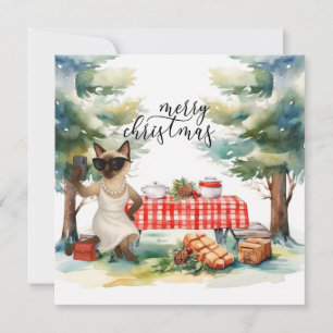 Siamese Cat Sending Message Merry Christmas Holiday Card