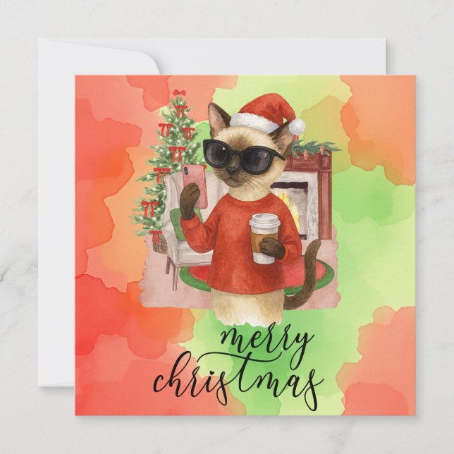 Siamese Cat Sending Message Merry Christmas Holiday Card (Front)