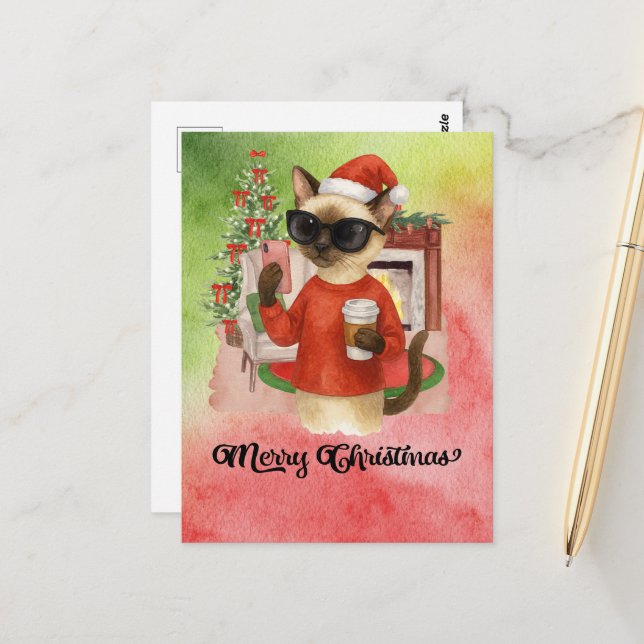 Siamese Cat Sending Message Merry Christmas Postcard (Front/Back In Situ)