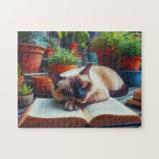 Siamese Cat Sleeping on a Book Garden Painting Jigsaw Puzzle (Horizontal)