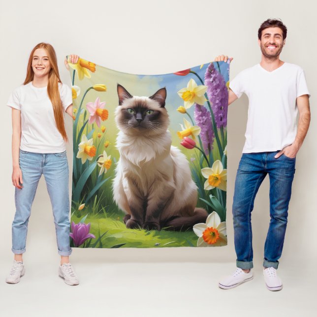 Siamese Cat Spring Flowers Painting Fleece Blanket (In Situ)