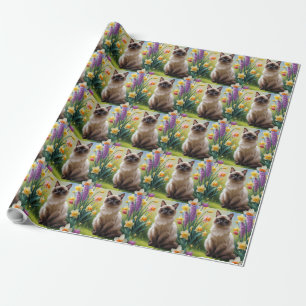 Siamese Cat Spring Flowers Painting Wrapping Paper
