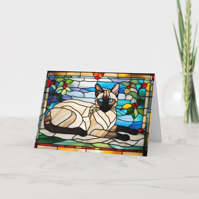 Siamese Cat Stained Glass Folded Greeting Card (Front)