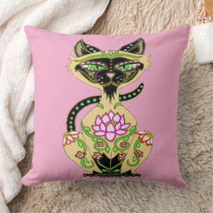 Siamese Cat Sugar Skull Throw Pillow