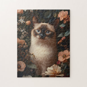 Siamese Cat Surrounded By Blush Pink Flowers Jigsaw Puzzle