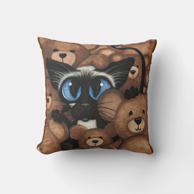 Siamese Cat Teddy Bear Hug by BiHrLe Throw Pillow (Front)