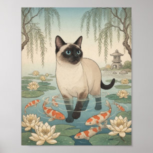 Siamese Cat Wading in Koi Pond Japanese Garden Wat Poster